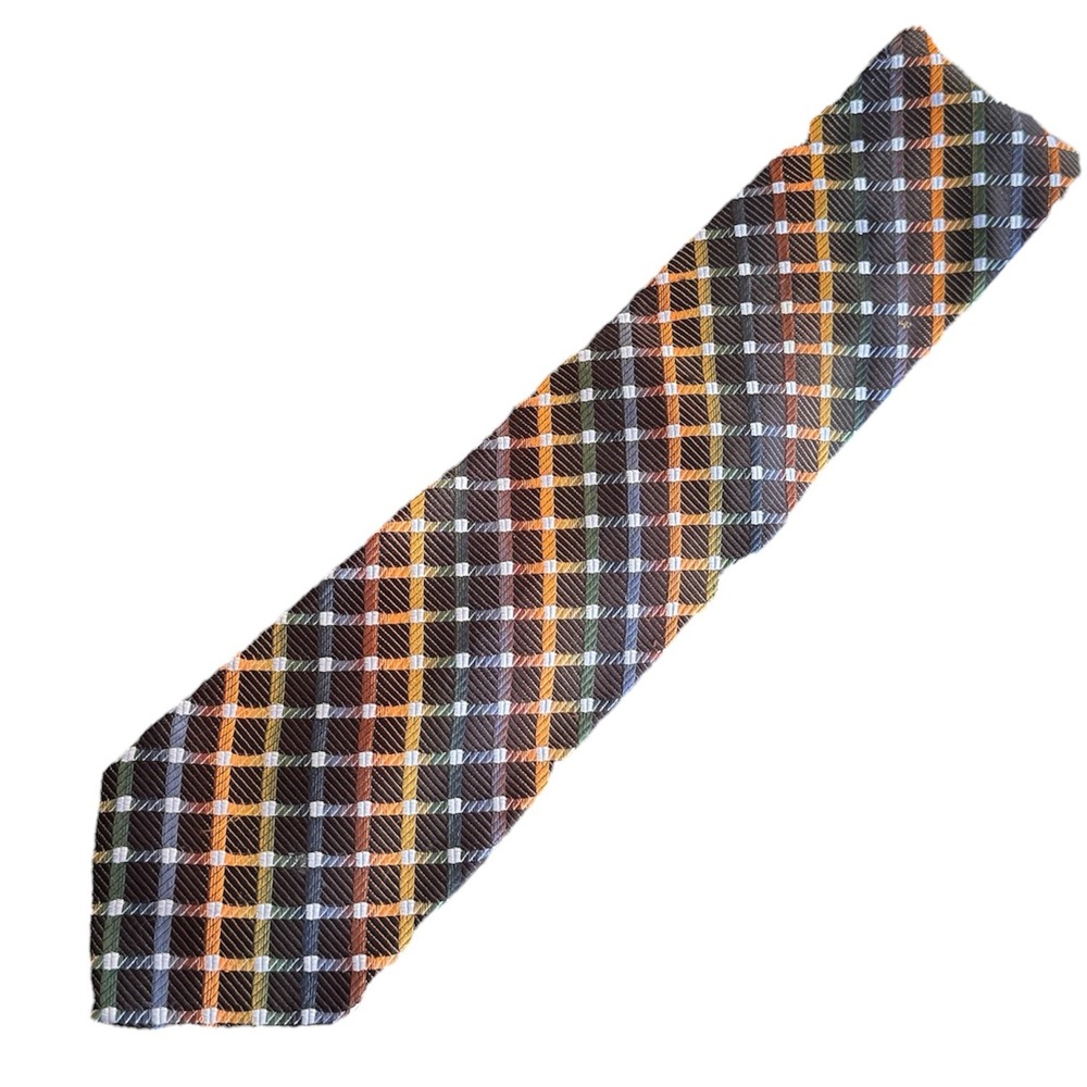 KOLTE ITALY Mens Silk‎ Blend Plaid Necktie Brown Gold Green Blue Neckwear